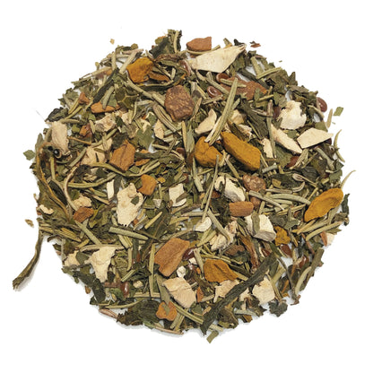 Mixture of dried herbs and leaves on a white background