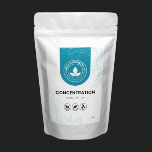 Tea package labeled 'Concentration' with a black background