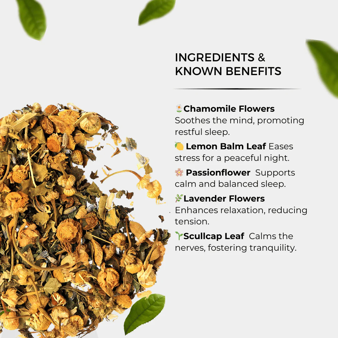 Tea leaves with text on ingredients and benefits on a white background