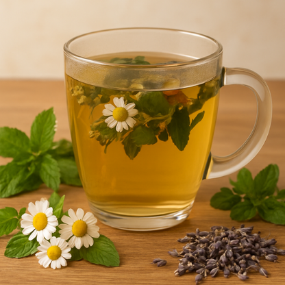 Glass mug of herbal tea with flowers and leaves on a wooden surface