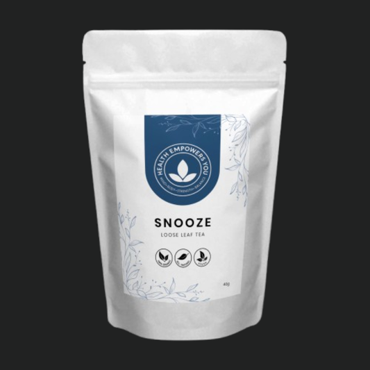 Silver package of 'Snooze' loose leaf tea with a blue label on a white background