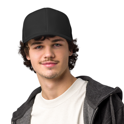 Man wearing a black cap and gray jacket on a white background