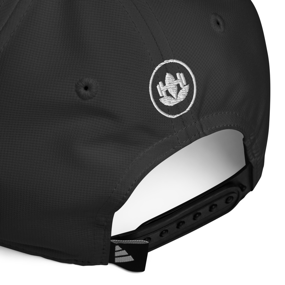 Black cap with a logo on the back against a white background