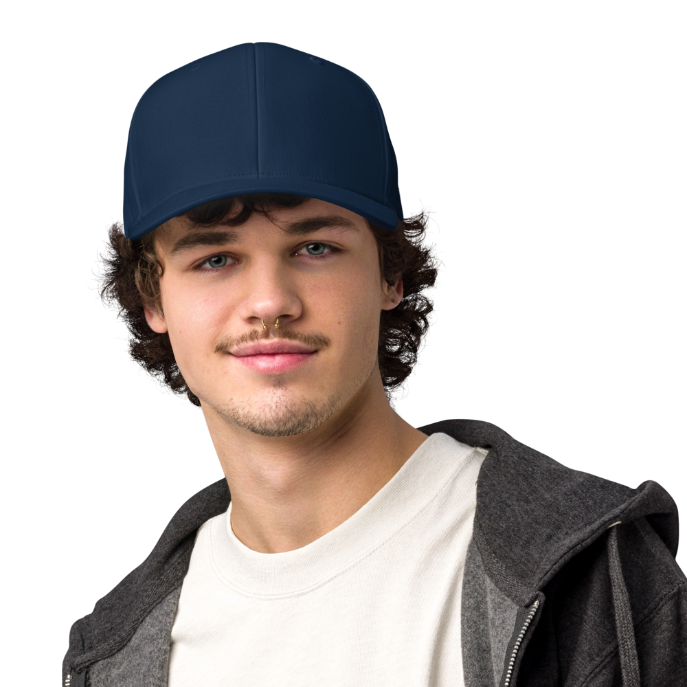 Man wearing a navy blue cap on a white background