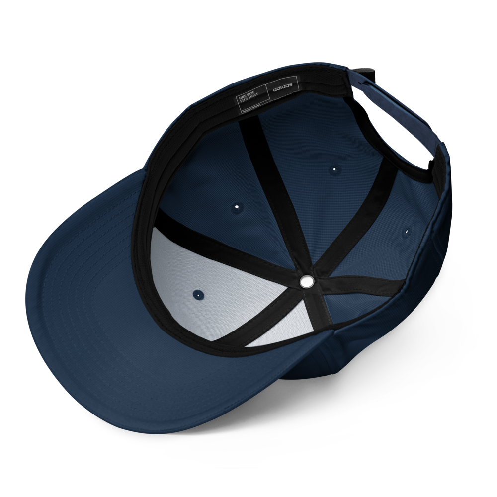 Navy blue cap with black strap on a white background