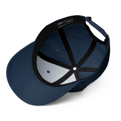 Navy blue cap with black strap on a white background