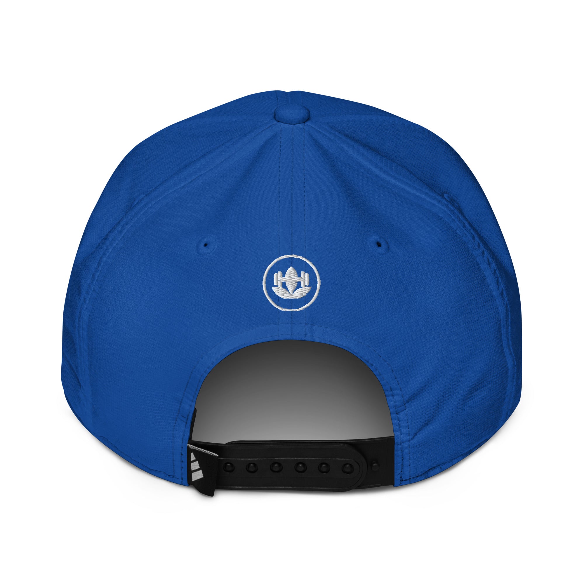 Blue cap with a logo on the back against a white background