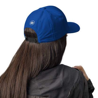 Person wearing a blue cap with a logo on a white background