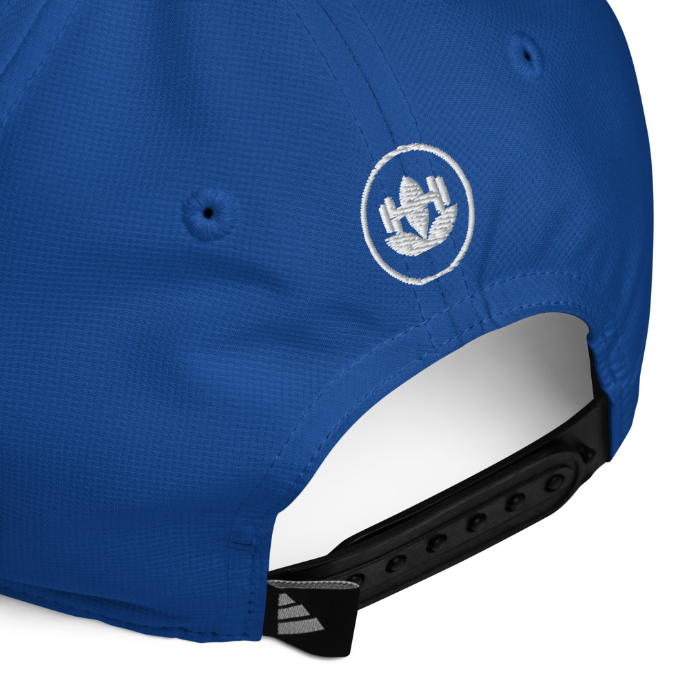 Blue cap with a logo on the side and black strap on a white background