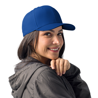 Woman wearing a blue cap and gray jacket on a white background