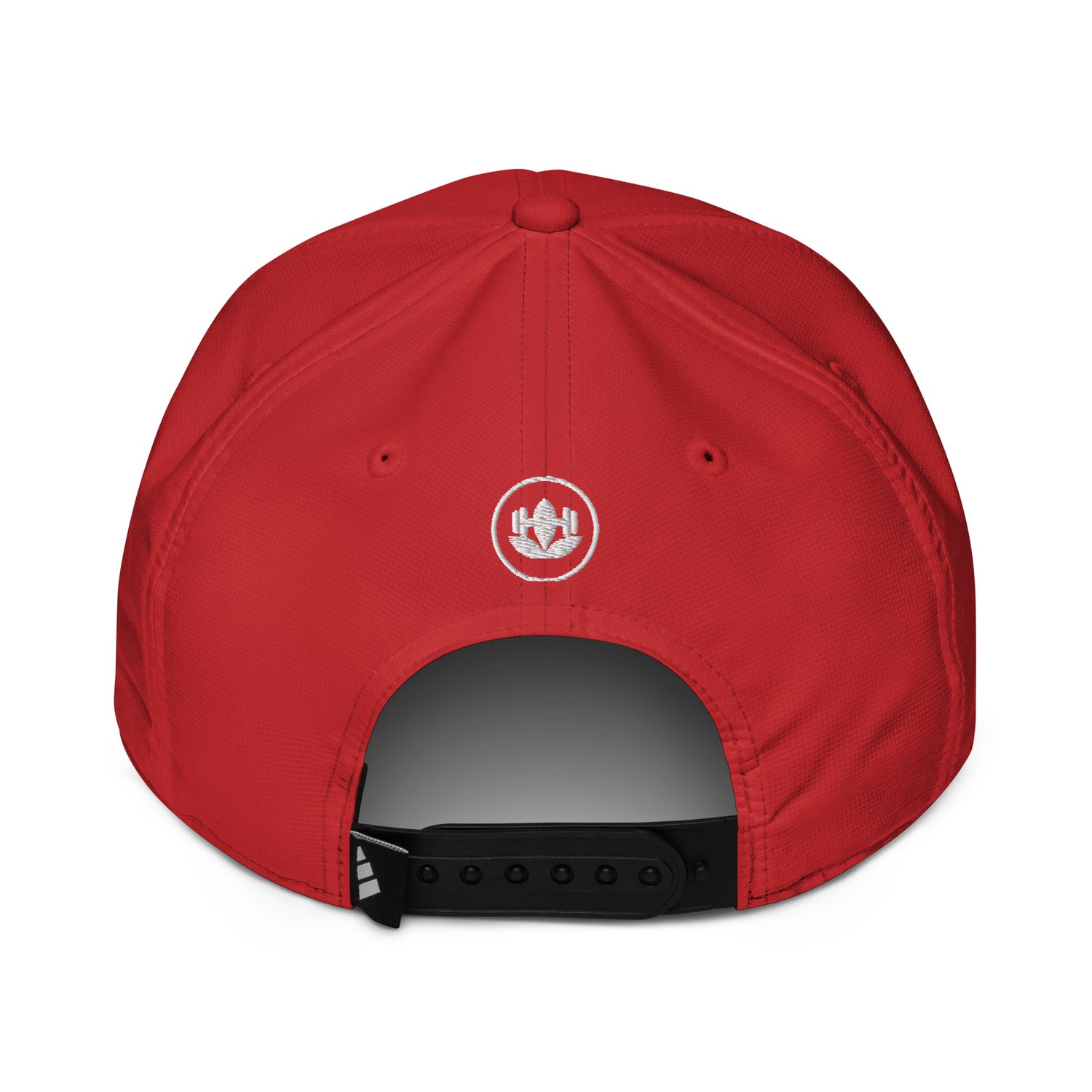 Red cap with a logo on the back against a white background