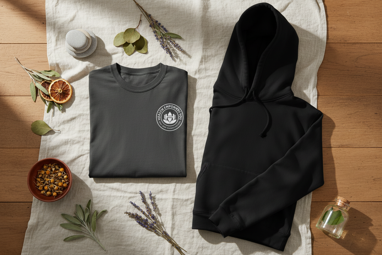 Empowerfit wellness apparel promotion featuring unisex t-shirt and hoodie - buy any t-shirt get 15% off any hoodie