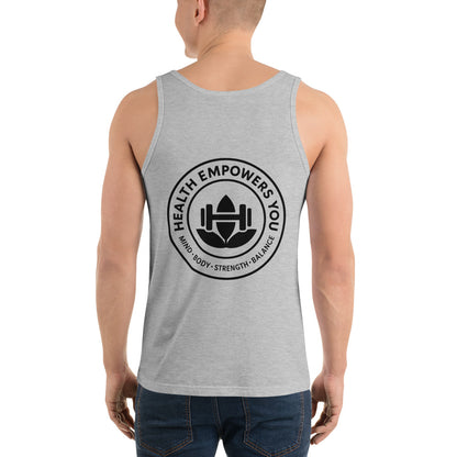 Person wearing a gray tank top with a black logo and text on the back