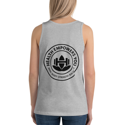 Gray tank top with 'Health Empowers You' logo on a white background