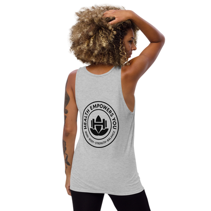 Woman wearing a gray tank top with a logo and text on the back, on a white background