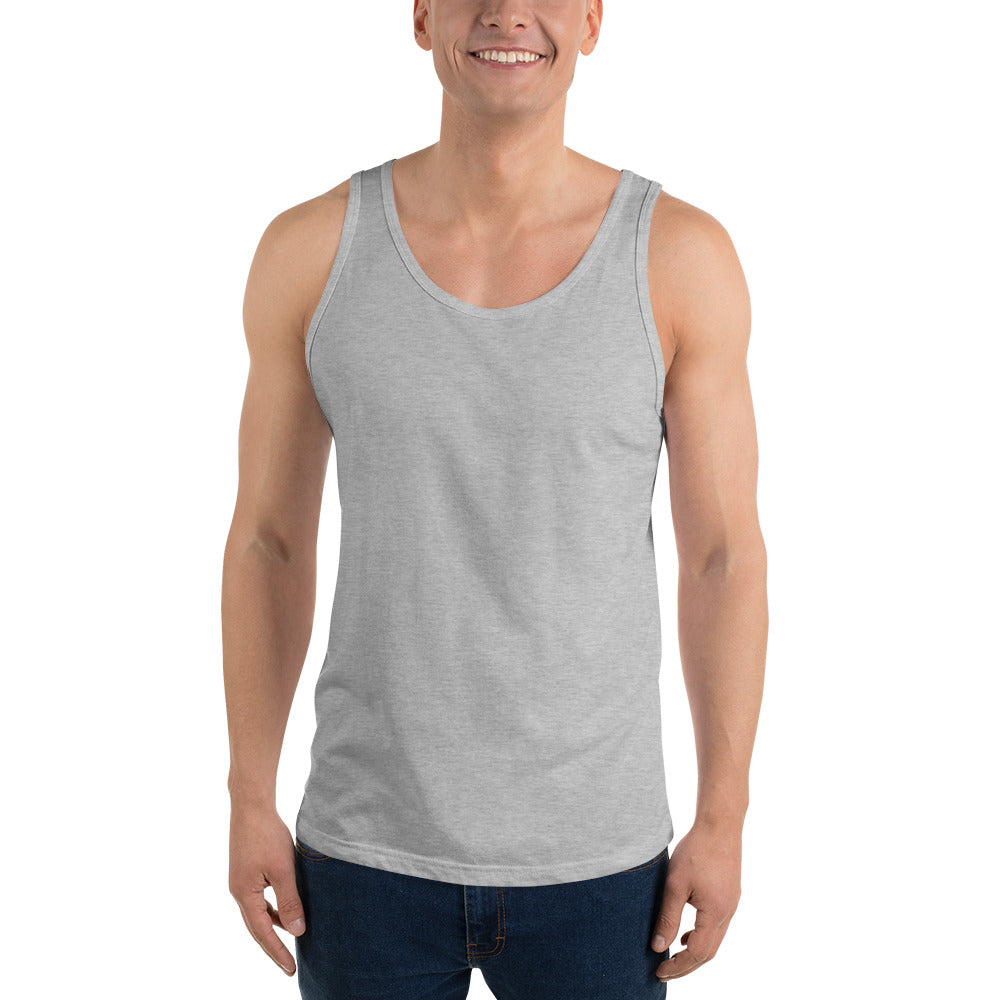 Man wearing a gray tank top on a white background