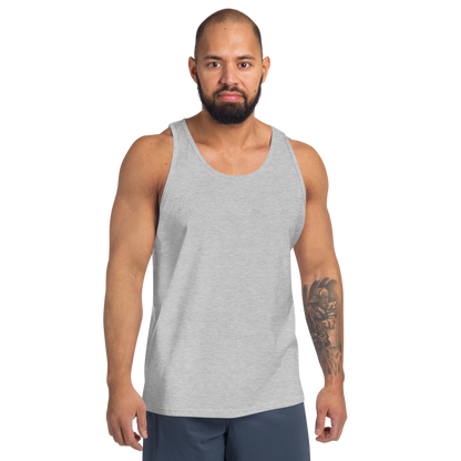 Man wearing a gray tank top on a white background