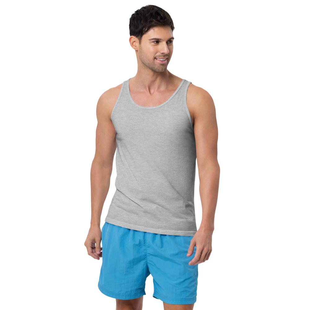 Man wearing a gray tank top and blue shorts on a white background
