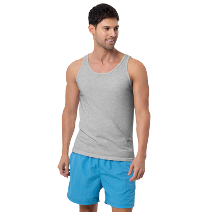 Man wearing a gray tank top and blue shorts on a white background