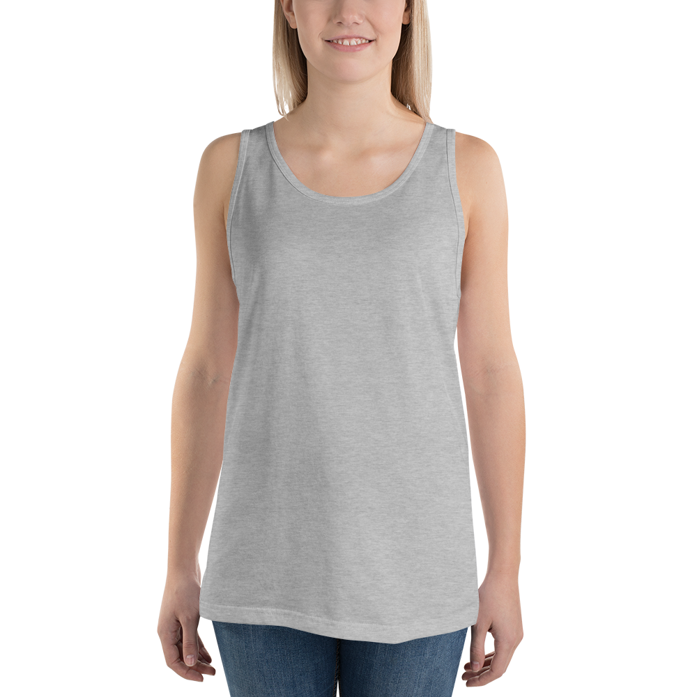 Woman wearing a gray tank top on a white background