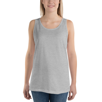 Woman wearing a gray tank top on a white background