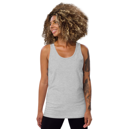 Woman wearing a gray tank top on a white background