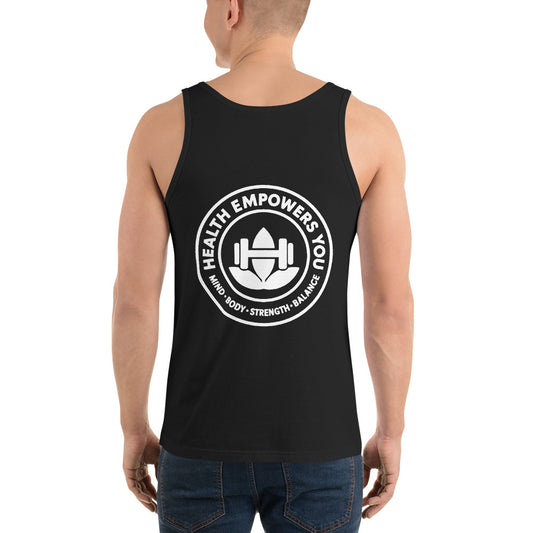 Black tank top with a white graphic and text on a white background