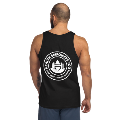 Person wearing a black tank top with a white logo and text on the back, on a white background.