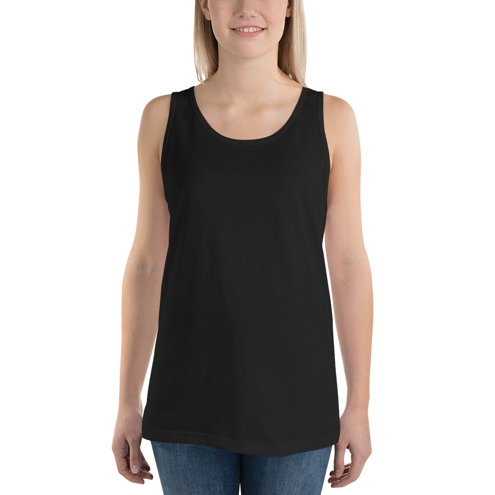 Woman wearing a black tank top on a white background