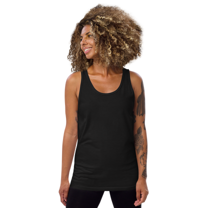 Woman wearing a black tank top on a white background