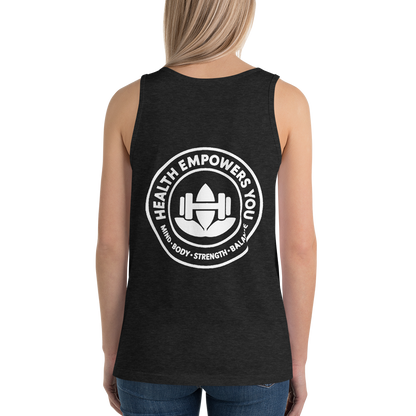 Black tank top with 'Health Empowers You' design on the back, worn by a person.