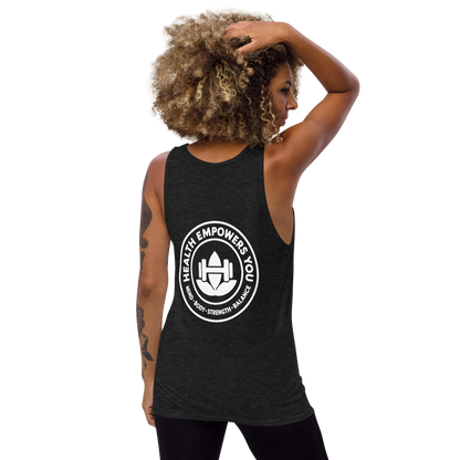 Black tank top with a white logo and text on a white background
