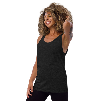 Woman wearing a black tank top on a white background