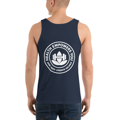 Person wearing a navy tank top with a white graphic and text on the back.
