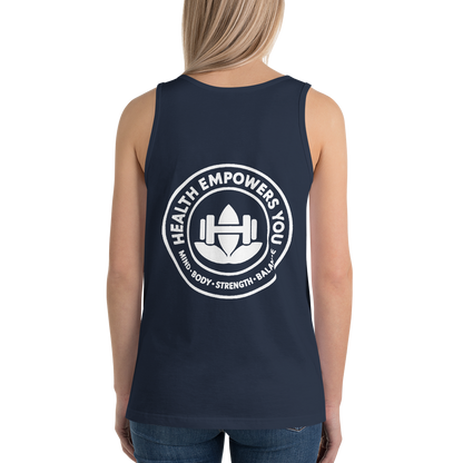 Navy tank top with 'Health Empowers You' graphic on a white background