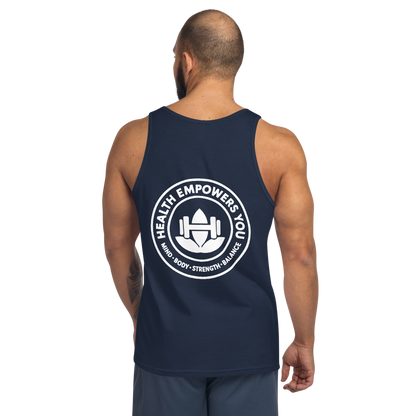Person wearing a navy tank top with a white logo and text on the back, on a white background.
