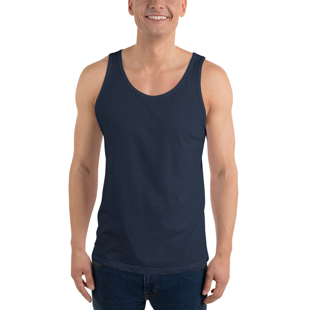 Man wearing a navy tank top on a white background