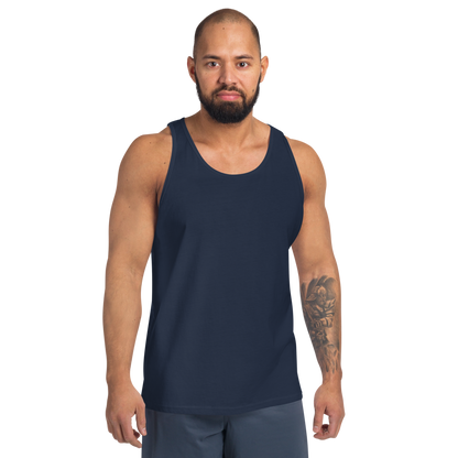 Man wearing a navy tank top on a white background
