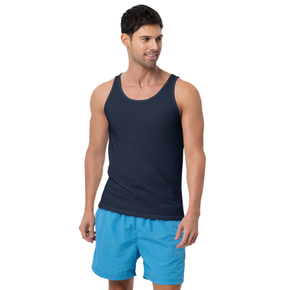 Man wearing a navy tank top and blue shorts on a white background