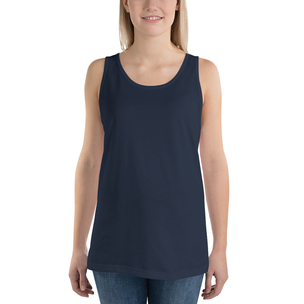 Woman wearing a navy blue tank top on a white background