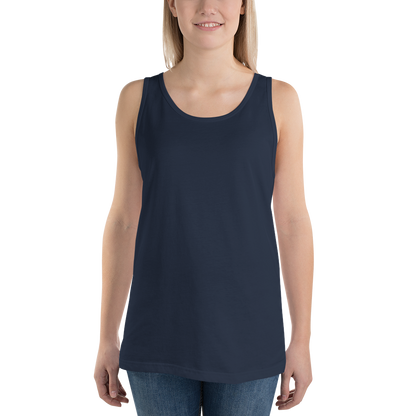 Woman wearing a navy blue tank top on a white background