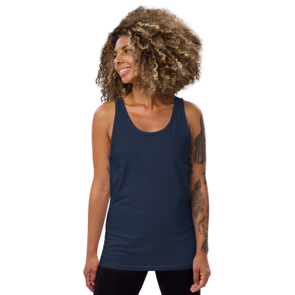 Woman wearing a navy tank top on a white background