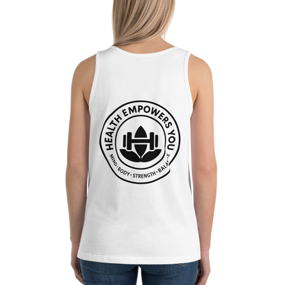 White sleeveless shirt with 'Health Empowers You' logo on the back, worn by a person.