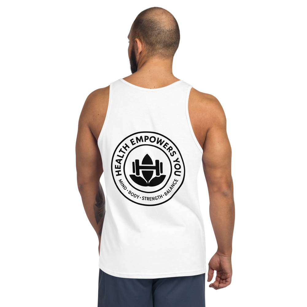 Person wearing a white tank top with a black logo and text on the back, on a white background.