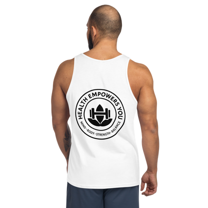 Person wearing a white tank top with a black logo and text on the back, on a white background.