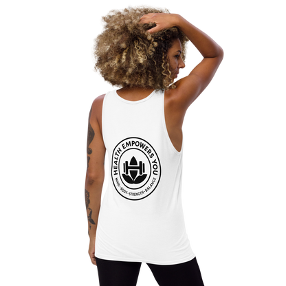 Woman wearing a white tank top with a logo and text on the back, on a white background
