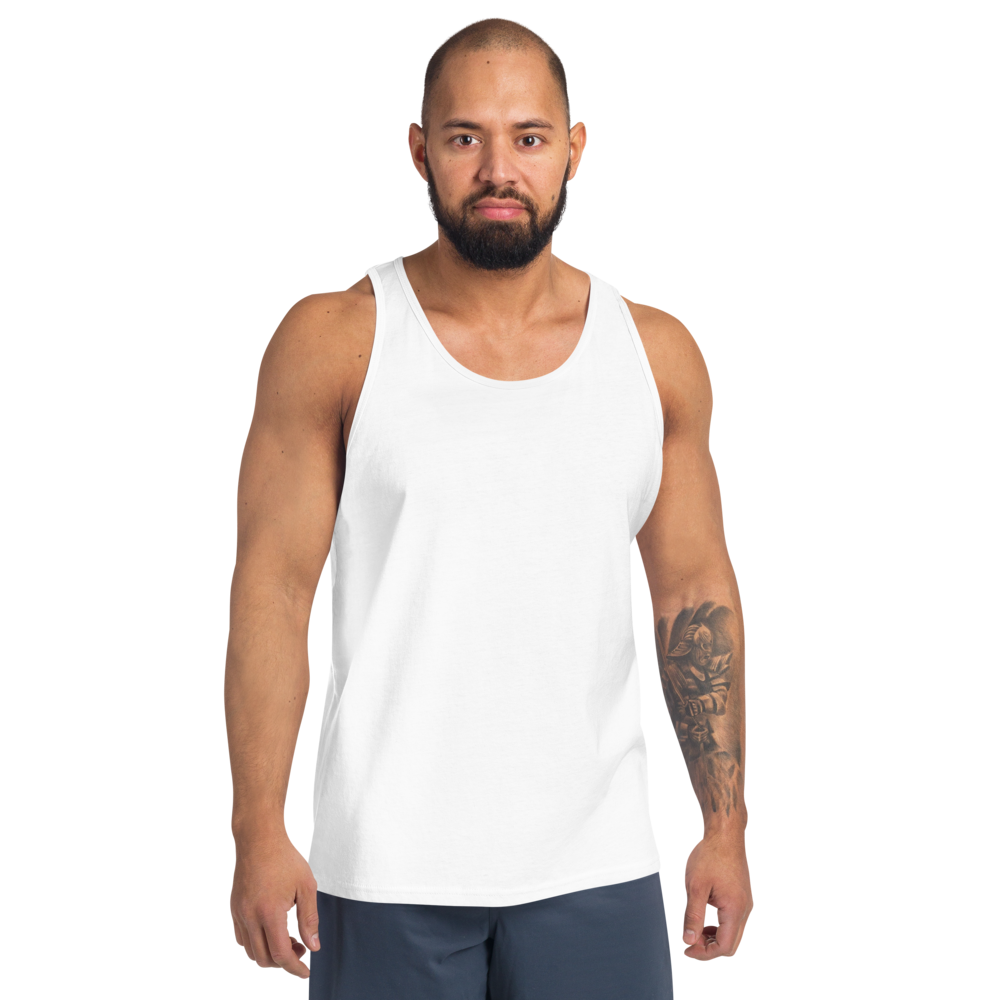 Man wearing a white tank top on a white background