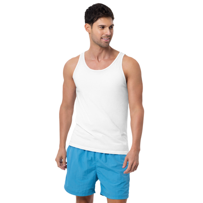 Man wearing a white tank top and blue shorts on a white background