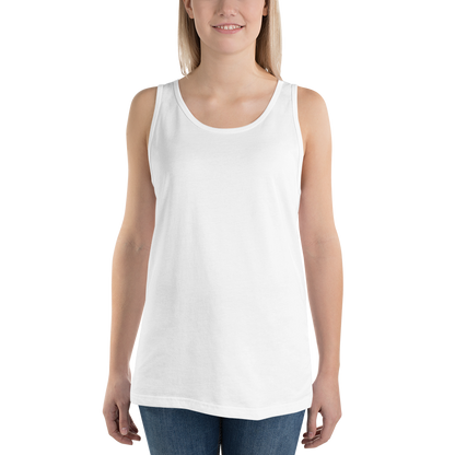 Woman wearing a white tank top on a white background