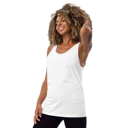 Woman wearing a white tank top on a white background